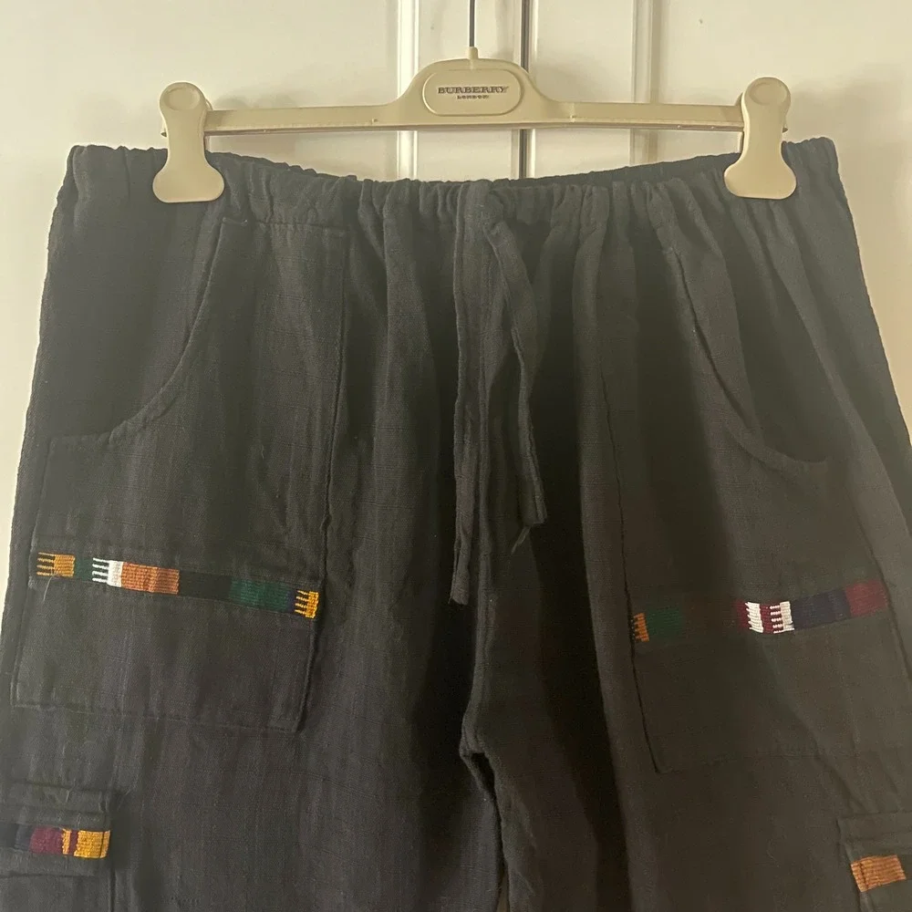 Black Cotton Cargo Pants Drawstring Waist Woven Accent Boho Hippie Unisex XL